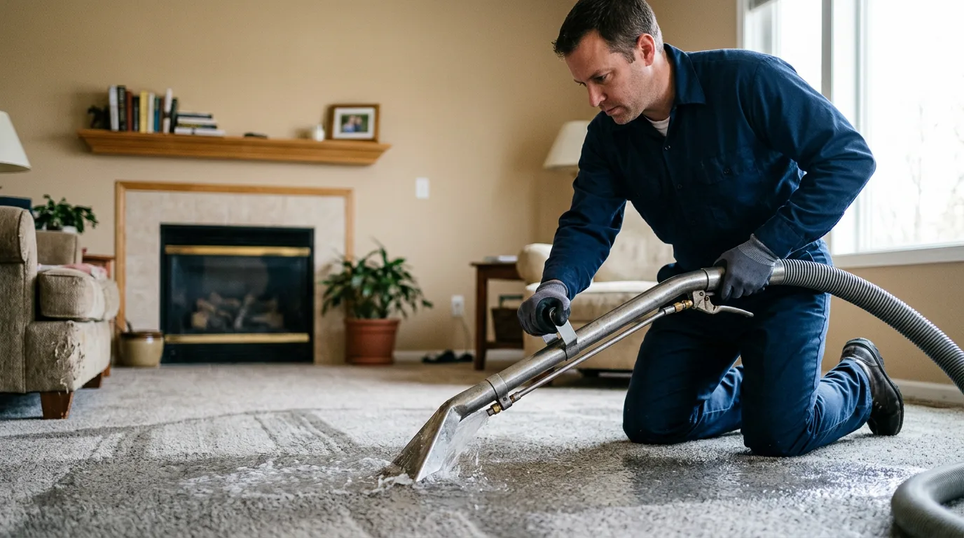 Water damage restoration technician working in a home in District of Columbia